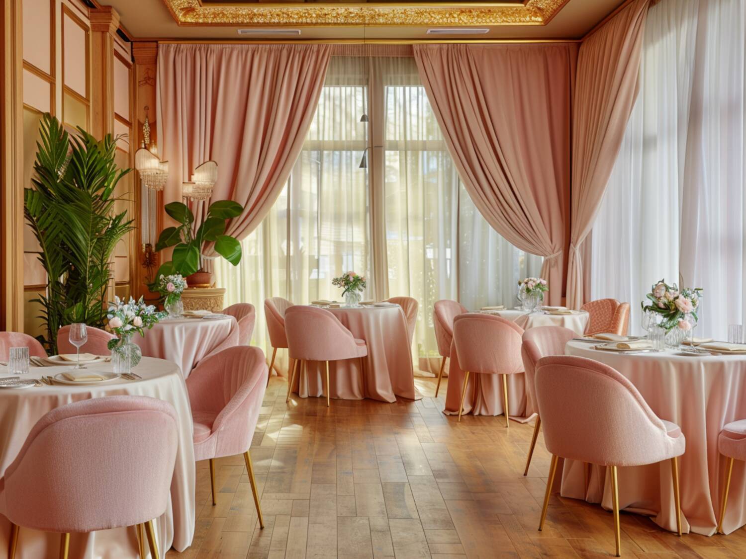 10 przykładów wnętrz restauracyjnych w stylu glamour z dodatkami naturalnymi