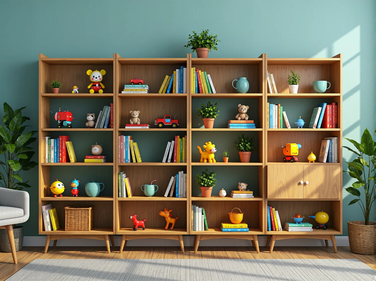 Bezpieczny drewniany regał vintage dla dziecka z zaokrąglonymi krawędziami i stabilnymi półkami.