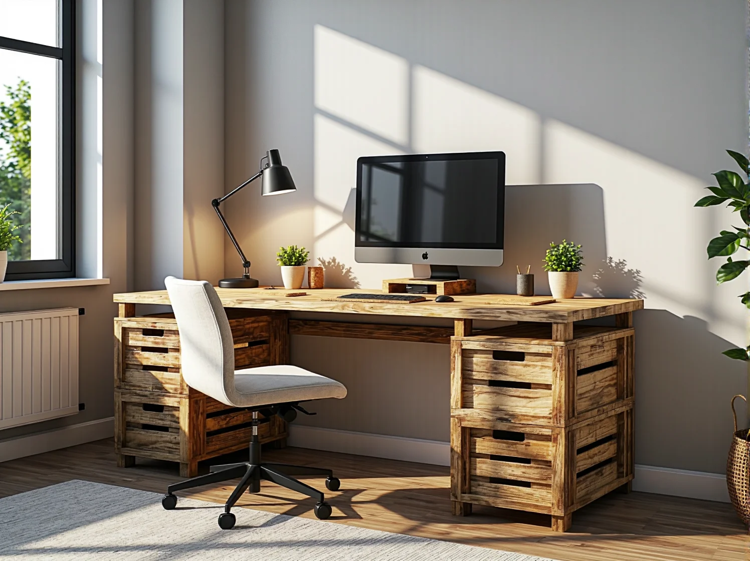 Aranżacja kącika do pracy w kawalerce z biurkiem z odzyskanego drewna.