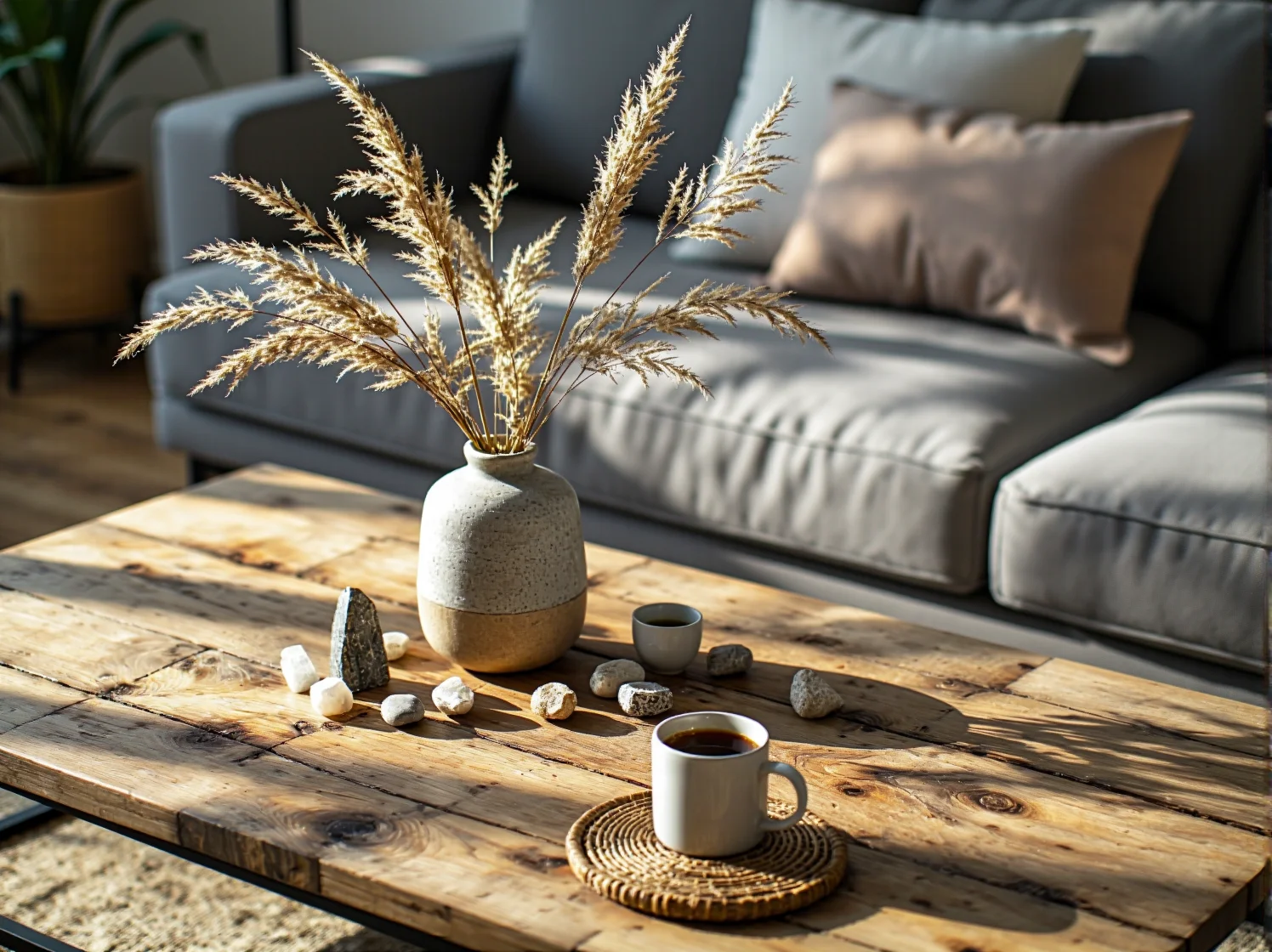 Drewniany stolik kawowy i zielone rośliny w ekologicznym salonie boho.