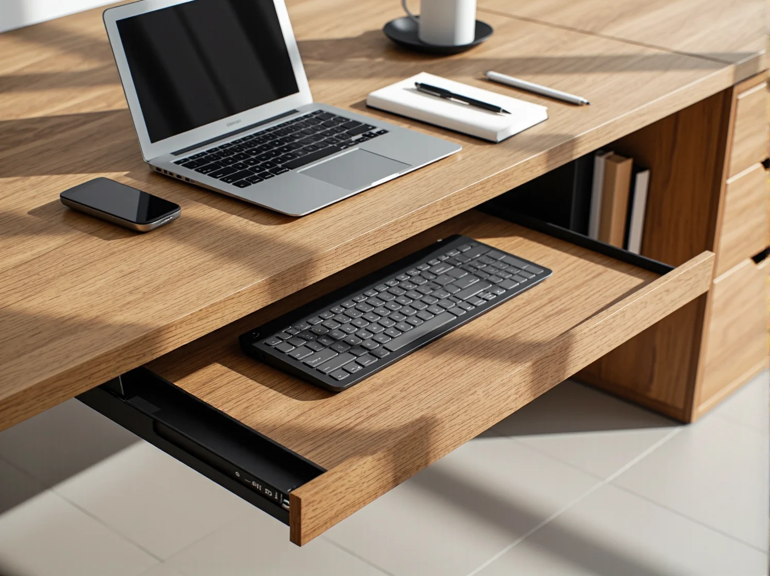 Ergonomiczne krzesło i biurko regulowane do pracy zdalnej w małym pokoju.