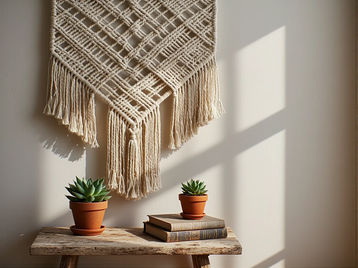 Stylowy fotel z rattanu i plecione dekoracje ścienne w jasnym wnętrzu boho.