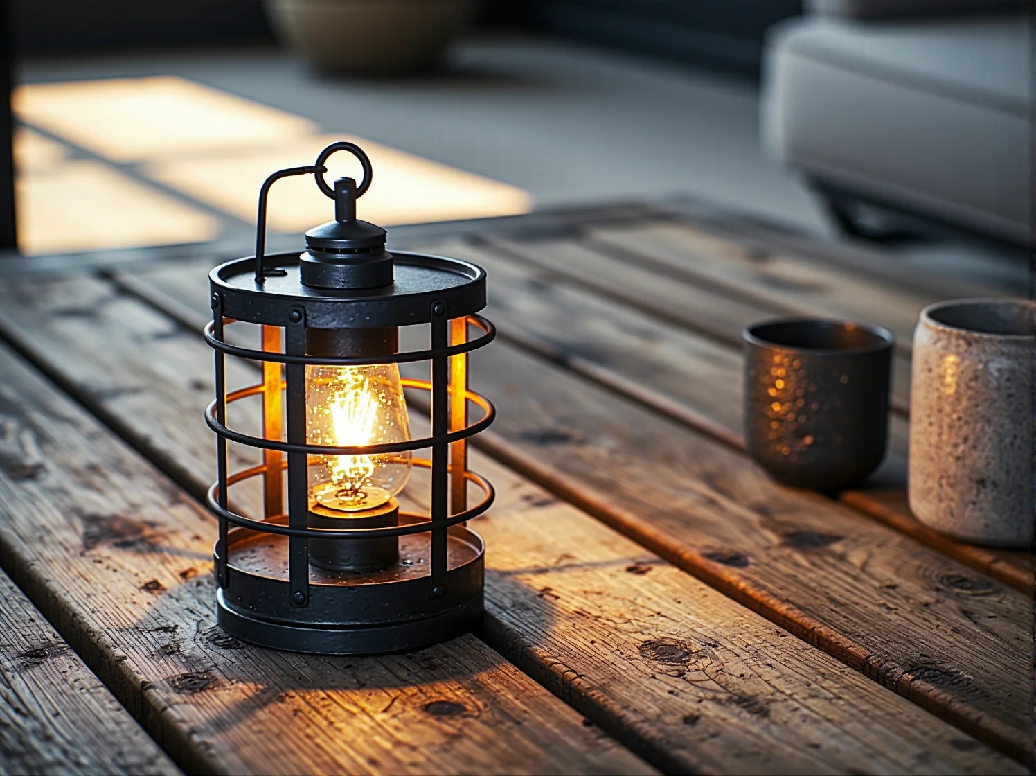 Industrialne lampy wiszące z żarówkami Edisona wewnątrz metalowej altany ogrodowej.