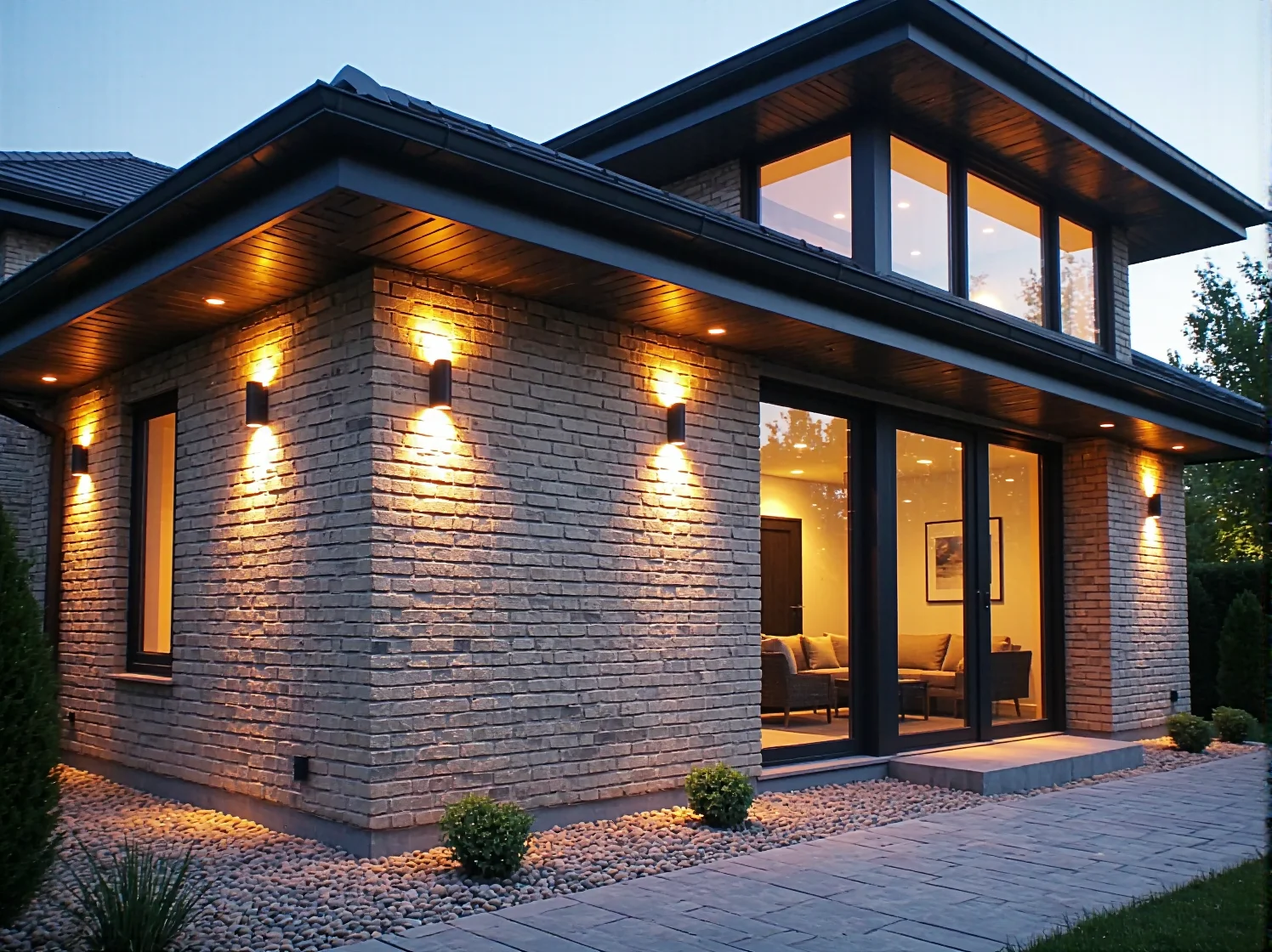 Industrialny kinkiet zewnętrzny typu loft na tle surowej cegły, stylowe oświetlenie elewacji.