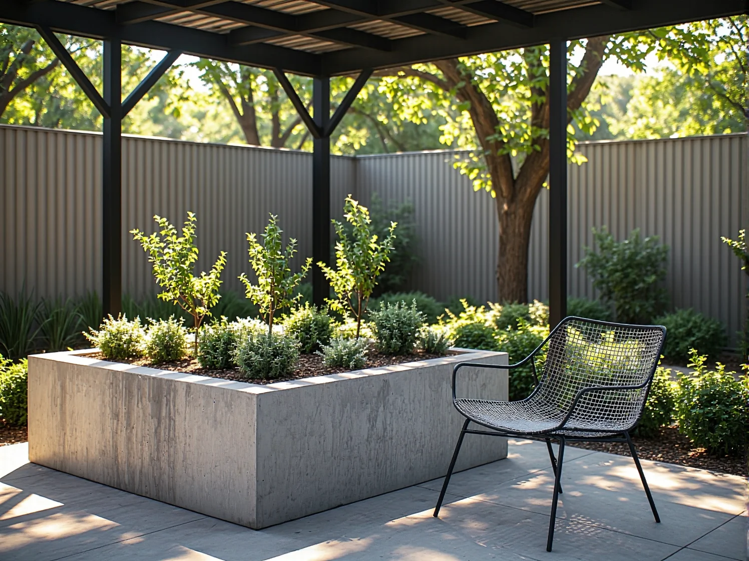 Czarny kinkiet zewnętrzny w stylu loft na konstrukcji altany industrialnej.