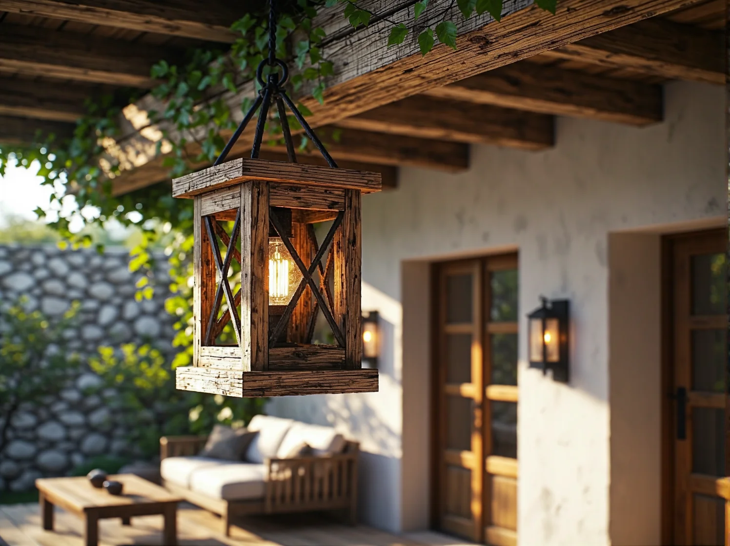 Stylowe lampiony i girlandy świetlne na tarasie rustykalnym tworzące przytulny, sielski klimat.