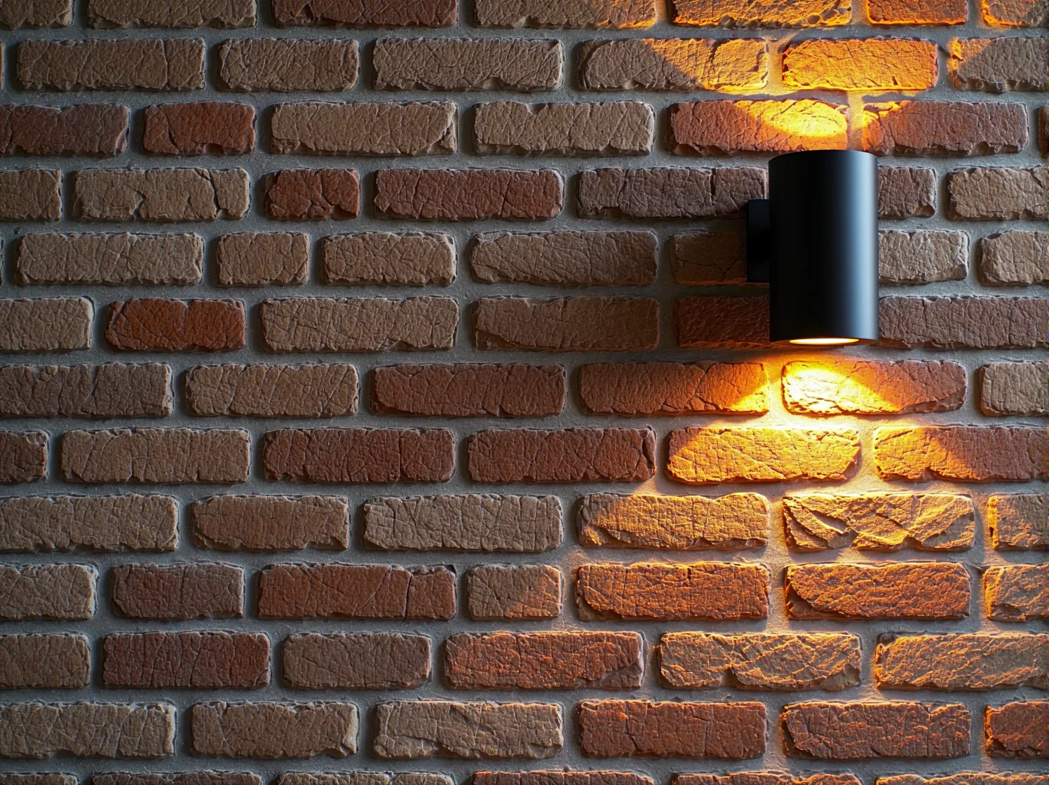 Nowoczesne lampy elewacyjne LED oświetlające teksturę ceglanej elewacji wieczorem.