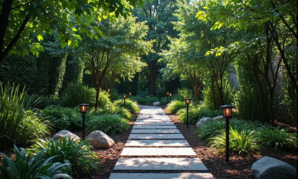 Czarne lampy ogrodowe na słupkach oświetlające ścieżkę w ogrodzie