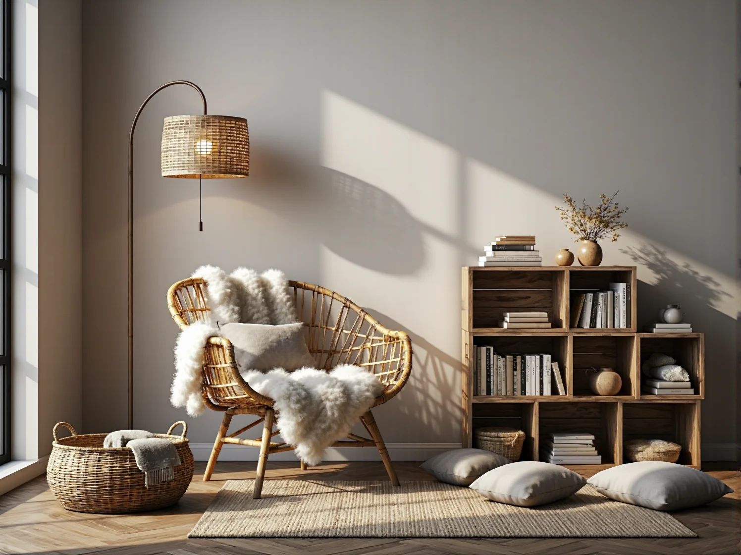 Jasna sypialnia boho z lnianą pościelą i naturalnymi tekstyliami z bawełny.