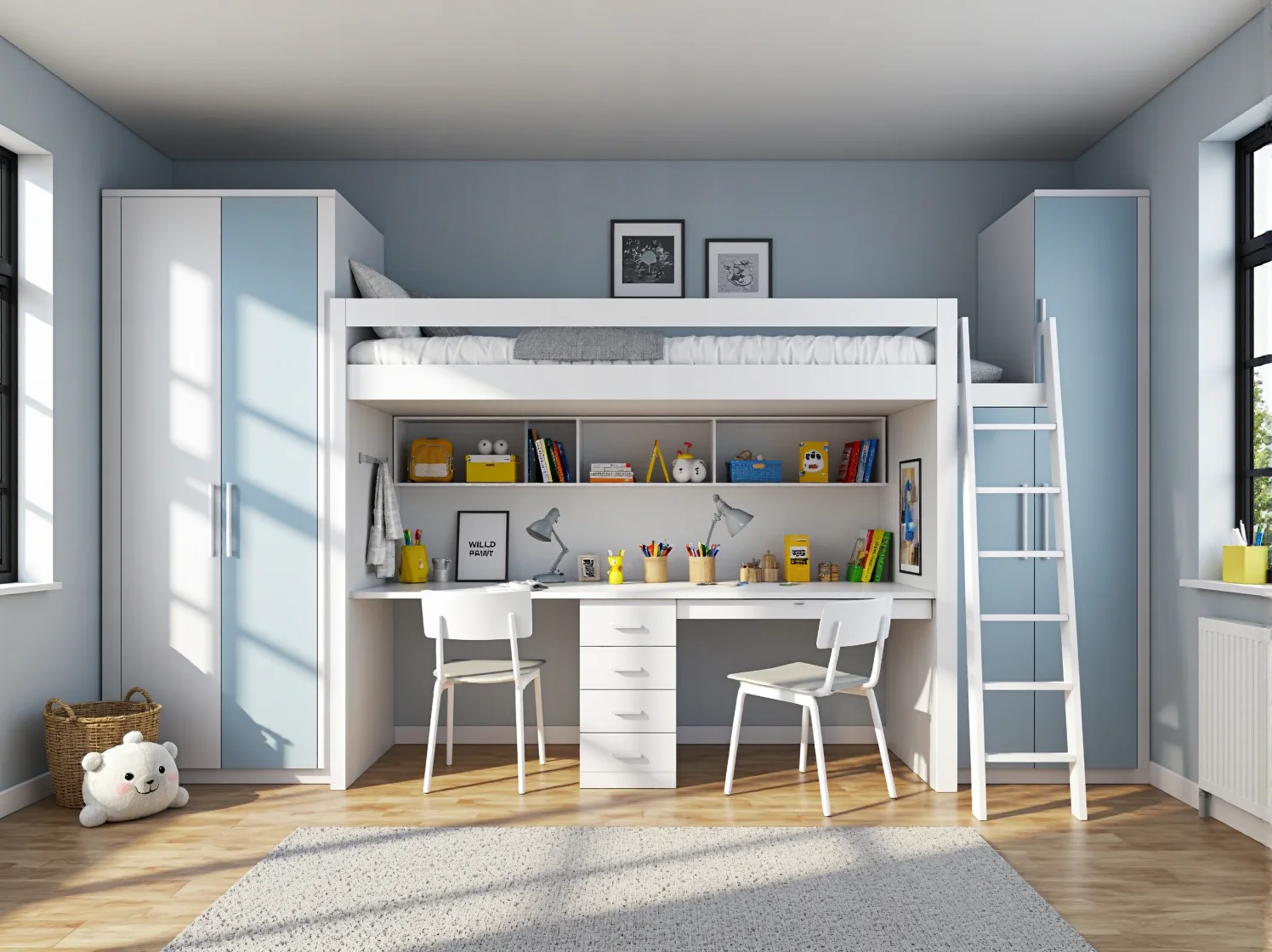 Praktyczne łóżko z pojemnikiem pod materacem i wbudowanymi półkami do organizacji sypialni.