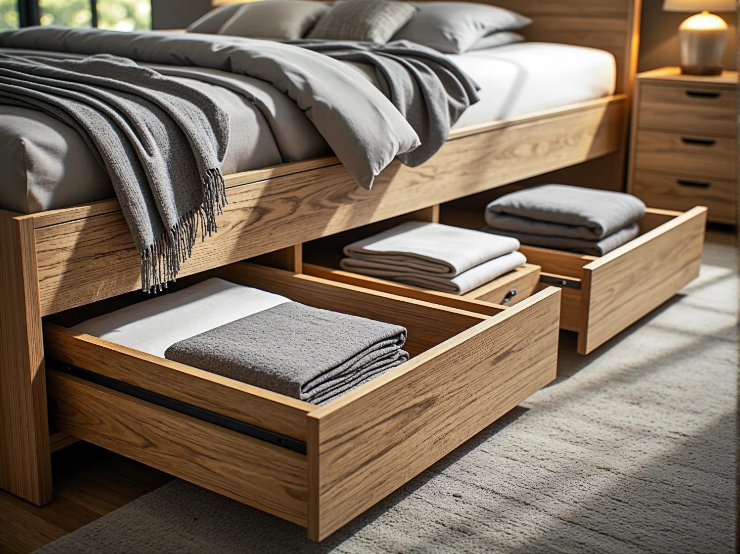 Praktyczne i głębokie szuflady pod łóżkiem ułatwiające przechowywanie w sypialni