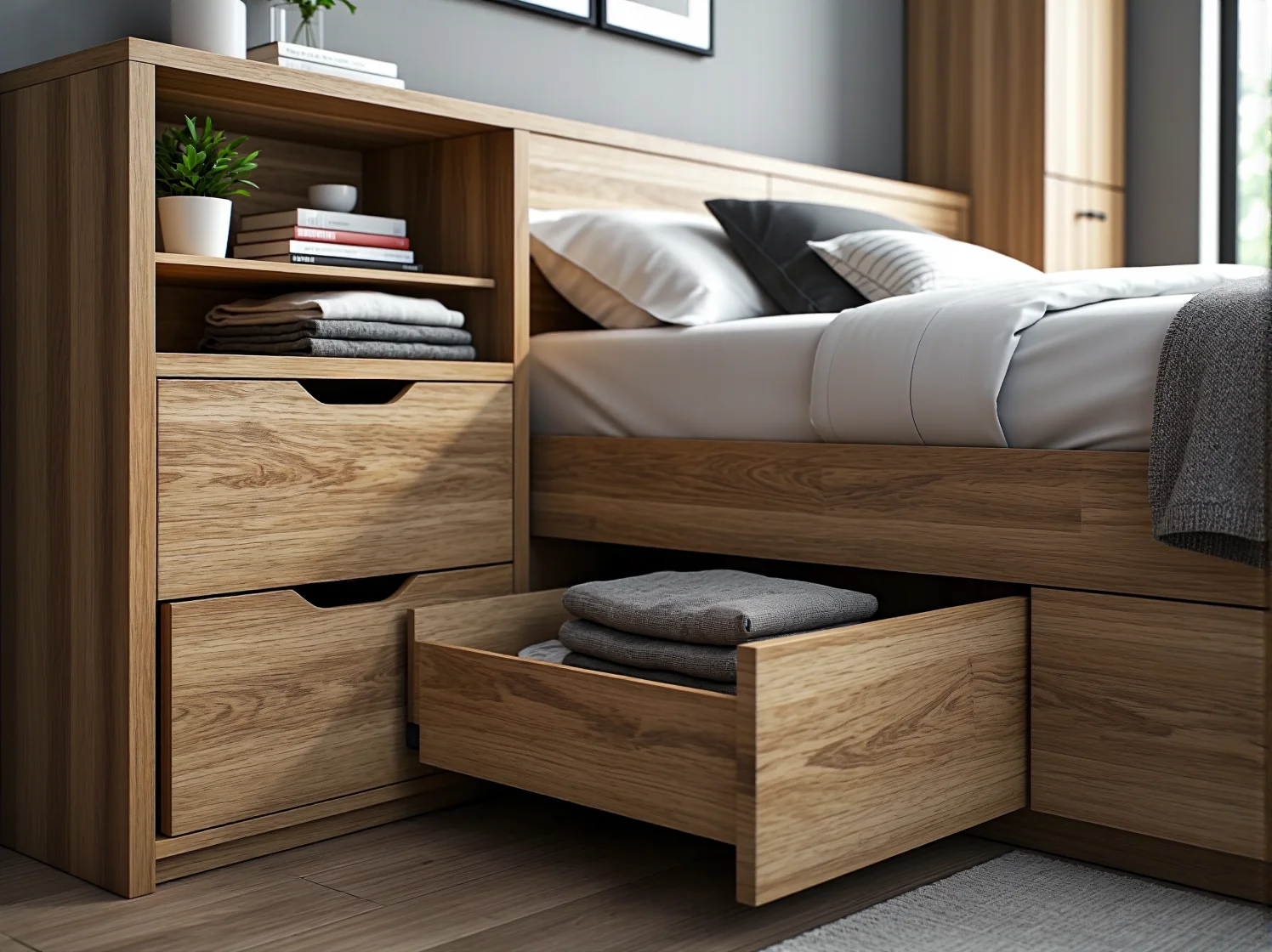 Łóżko z szufladami do przechowywania w małym pokoju, ułatwiające mądre zagospodarowanie przestrzeni.