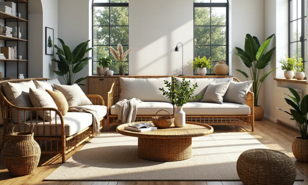 Komplet rattanowych sof z białymi poduszkami i stolik kawowy z wikliny