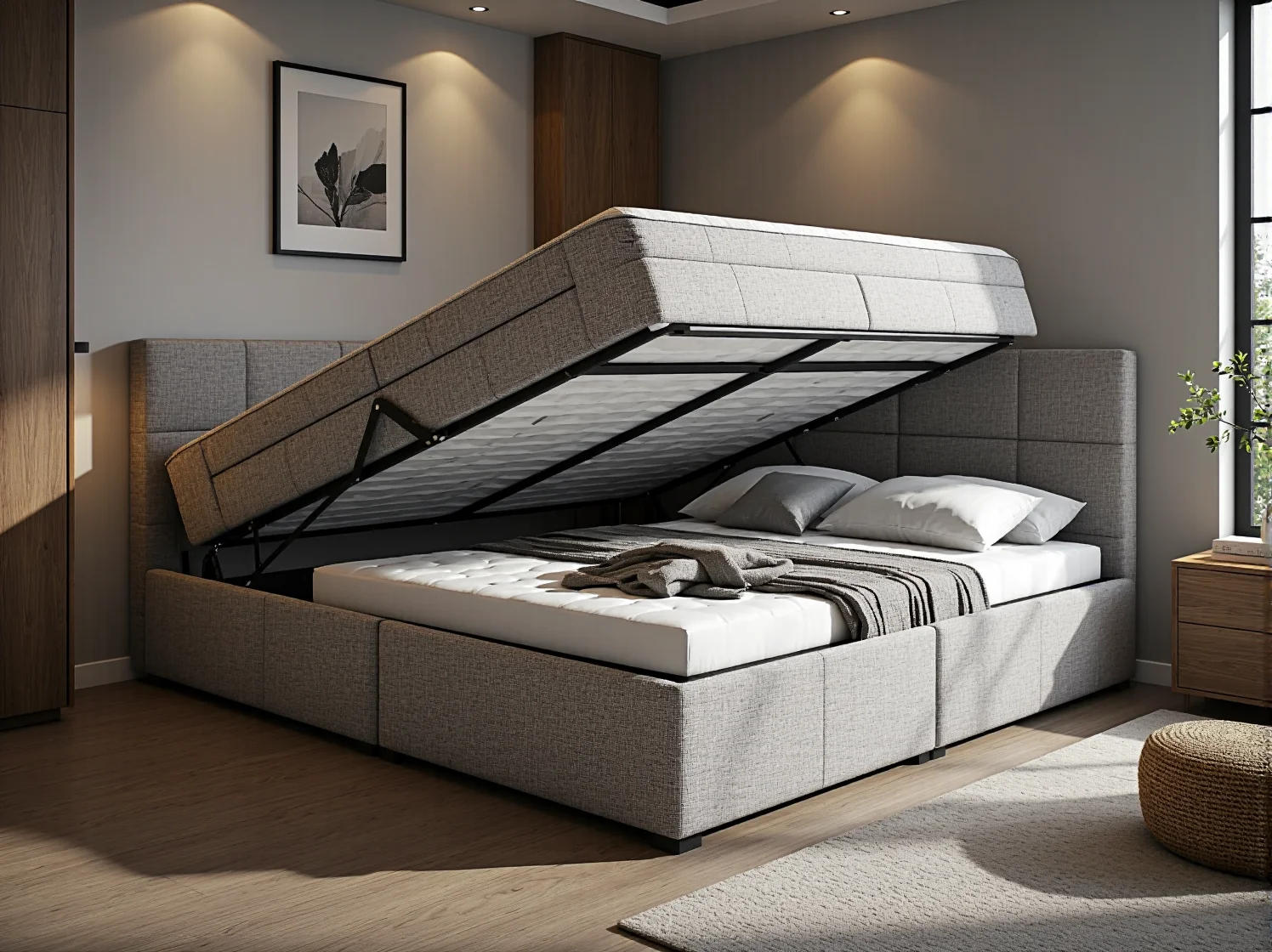 Łóżko z podnoszonym stelażem i pojemnym schowkiem na dodatkowe kołdry i poduszki