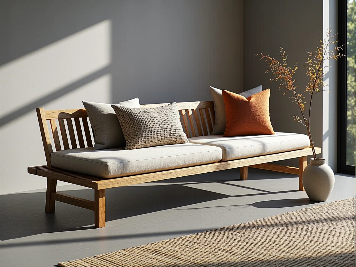 Minimalistyczna sofa ogrodowa z drewna w stylu japandi w otoczeniu bujnej roślinności ogrodowej.