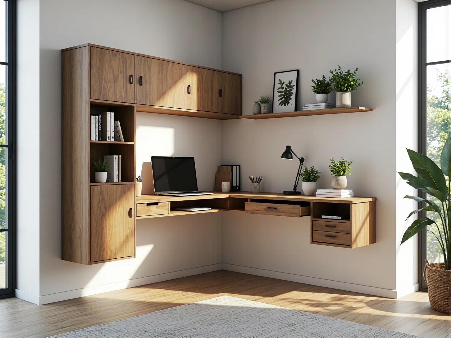 Modułowy regał na dokumenty łączący funkcję przechowywania i dekoracji w gabinecie.