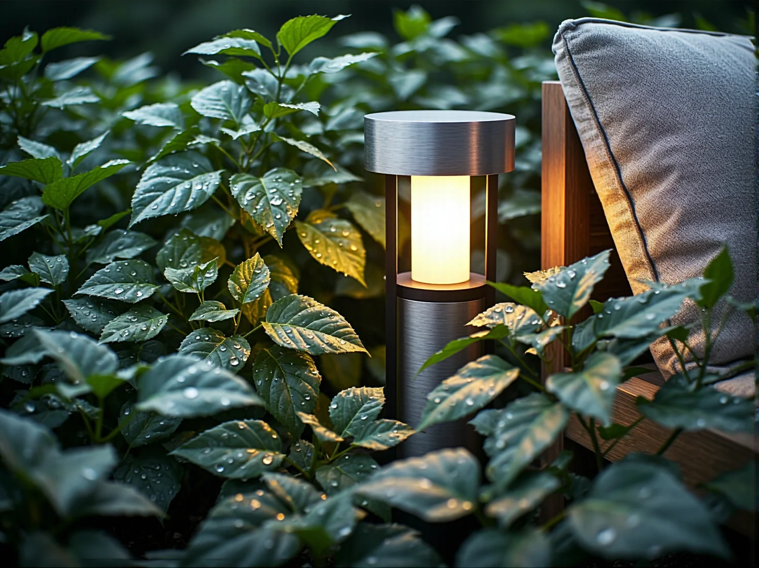 Punktowe oświetlenie roślin w ogrodzie podkreślające fakturę liści i krzewów ozdobnych.