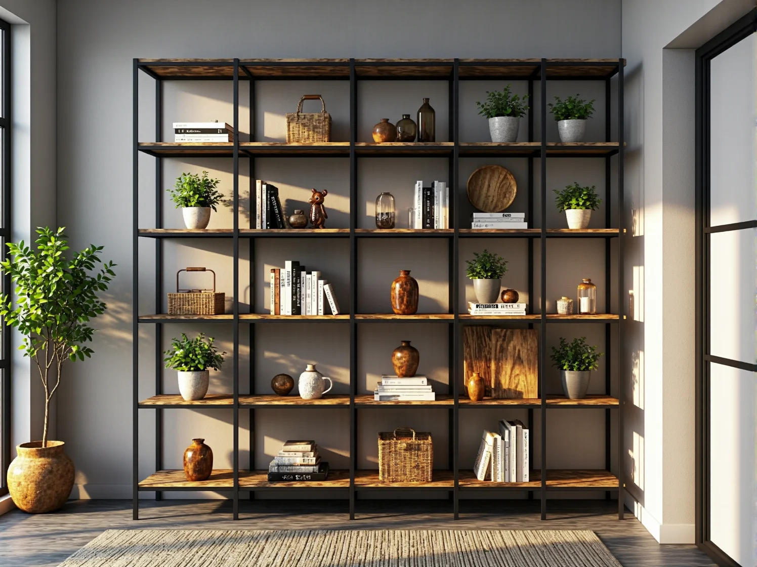 Nowoczesny salon loftowy w ciepłych kolorach ziemi z ceglaną ścianą.