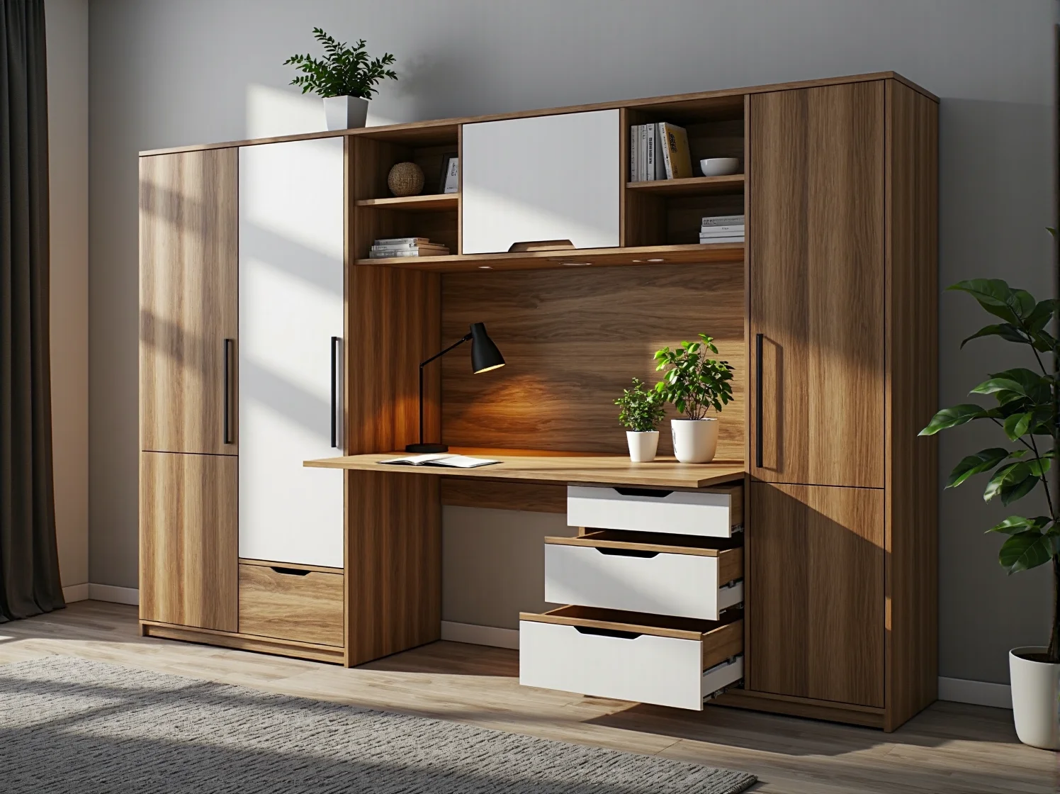 Składane biurko przyścienne jako przykład inteligentnego wyposażenia domowego biura.