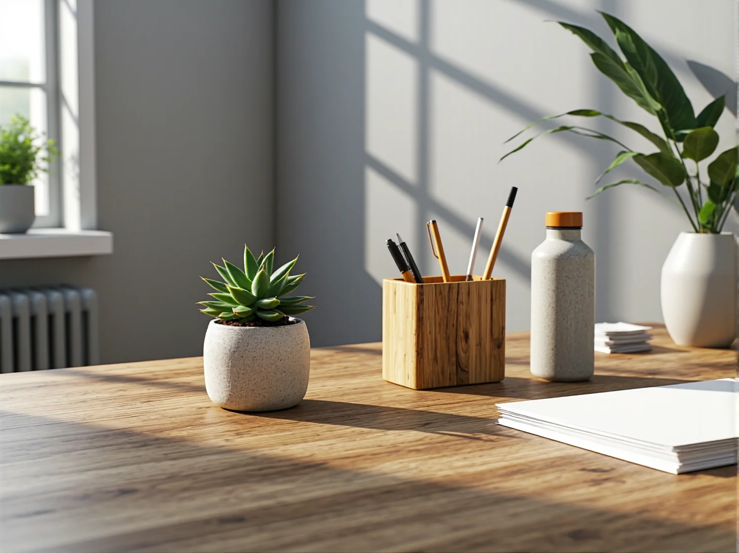 Dodatki biurowe zero waste wykonane z korka i materiałów pochodzących z recyklingu.