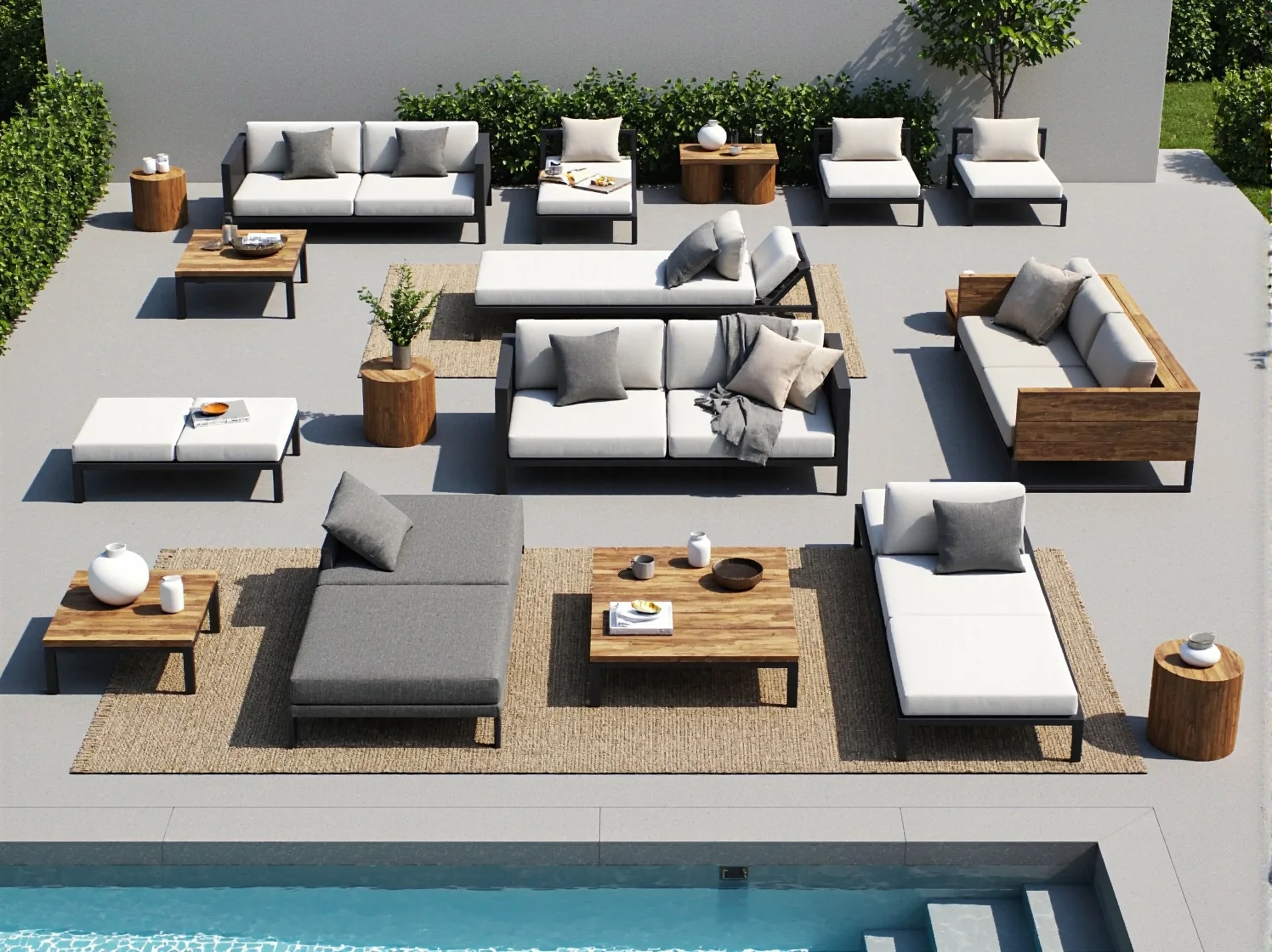 Trwały zestaw wypoczynkowy z aluminium, odporny na warunki atmosferyczne przy basenie.