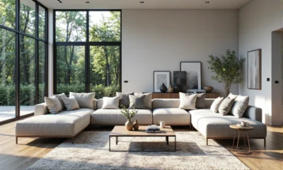 Narożna sofa modułowa beżowa z licznymi poduszkami dekoracyjnymi