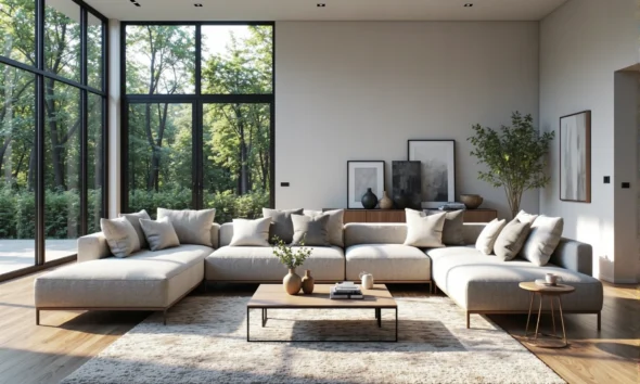 Narożna sofa modułowa beżowa z licznymi poduszkami dekoracyjnymi