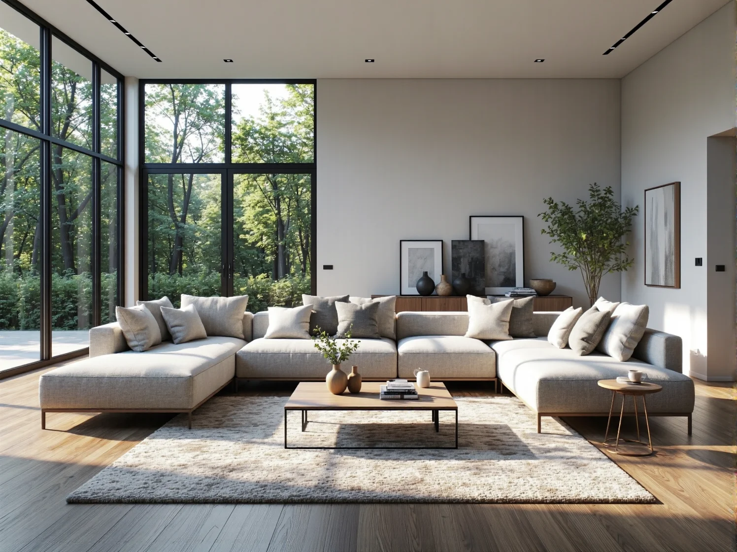 Narożna sofa modułowa beżowa z licznymi poduszkami dekoracyjnymi