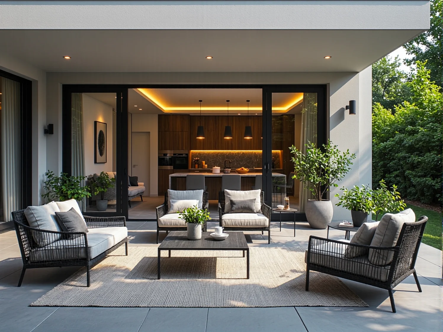 Zbliżenie na dekoracje boho na balkonie: makramy, poduszki i delikatne lampy LED.