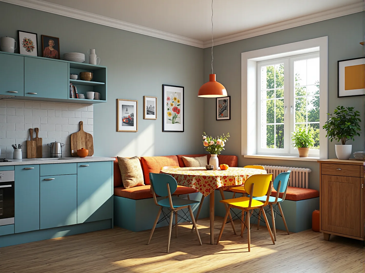 Aranżacja kuchni w stylu retro z wykorzystaniem białych mebli, drewnianego blatu i kolorowych płytek.