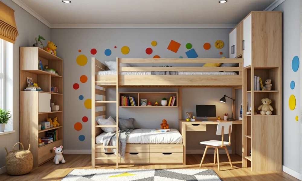 Łóżko piętrowe dąb sonoma z biurkiem i szufladami dla dzieci