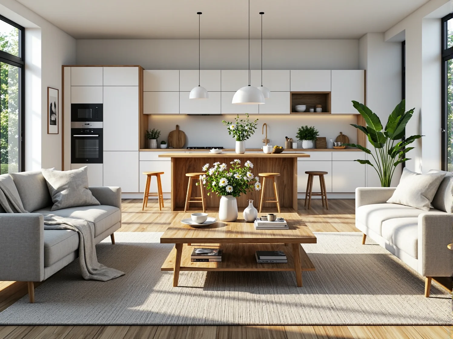 Inspiracja aranżacji salonu z drewnianym stołem kawowym w stylu skandynawskim.