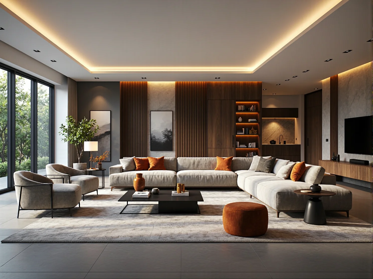 Aranżacja salonu glamour z wygodną kanapą, kryształowym żyrandolem i lustrzanymi dodatkami w tle.