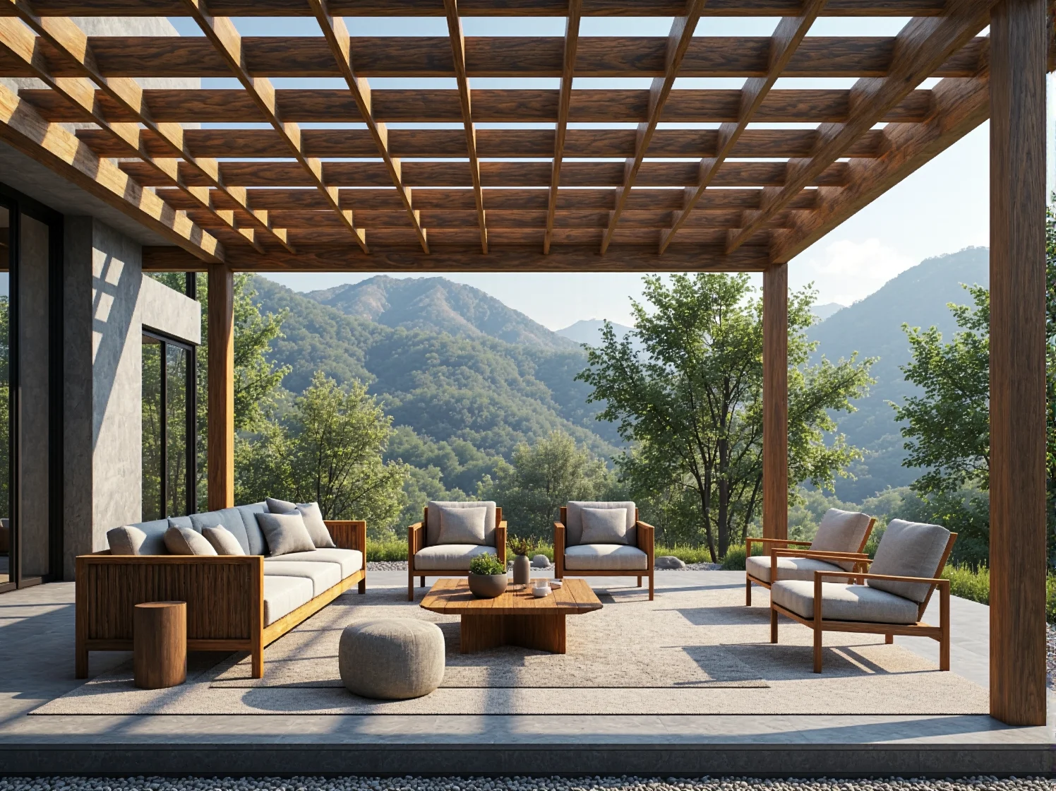 Aranżacja tarasu w górach z wykorzystaniem wygodnych foteli i stolika – inspiracja do stworzenia strefy relaksu.