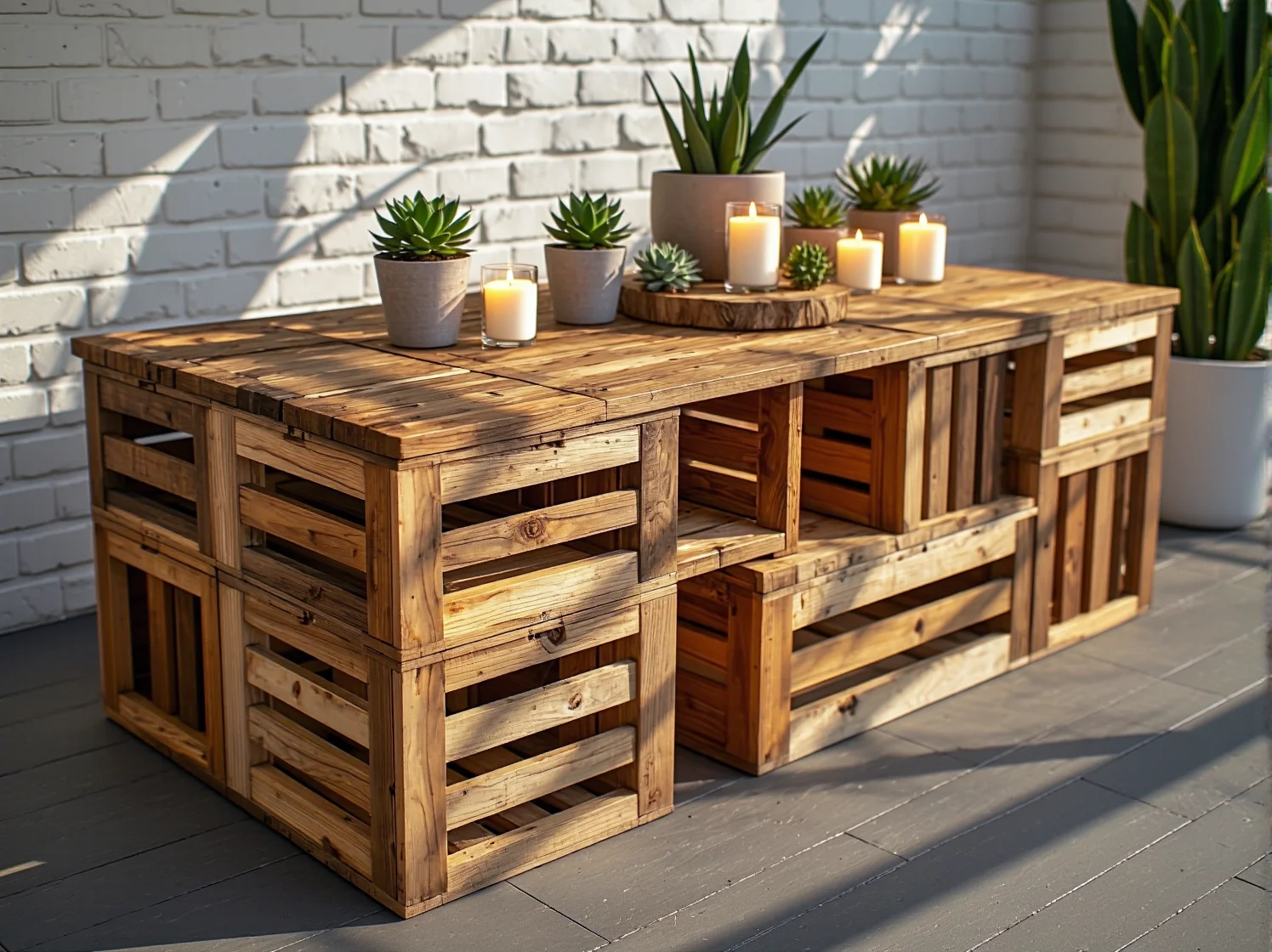 Stylowa aranżacja tarasu z wiszącym krzesłem z rattanu i meblami z odzyskanego drewna w stylu boho.