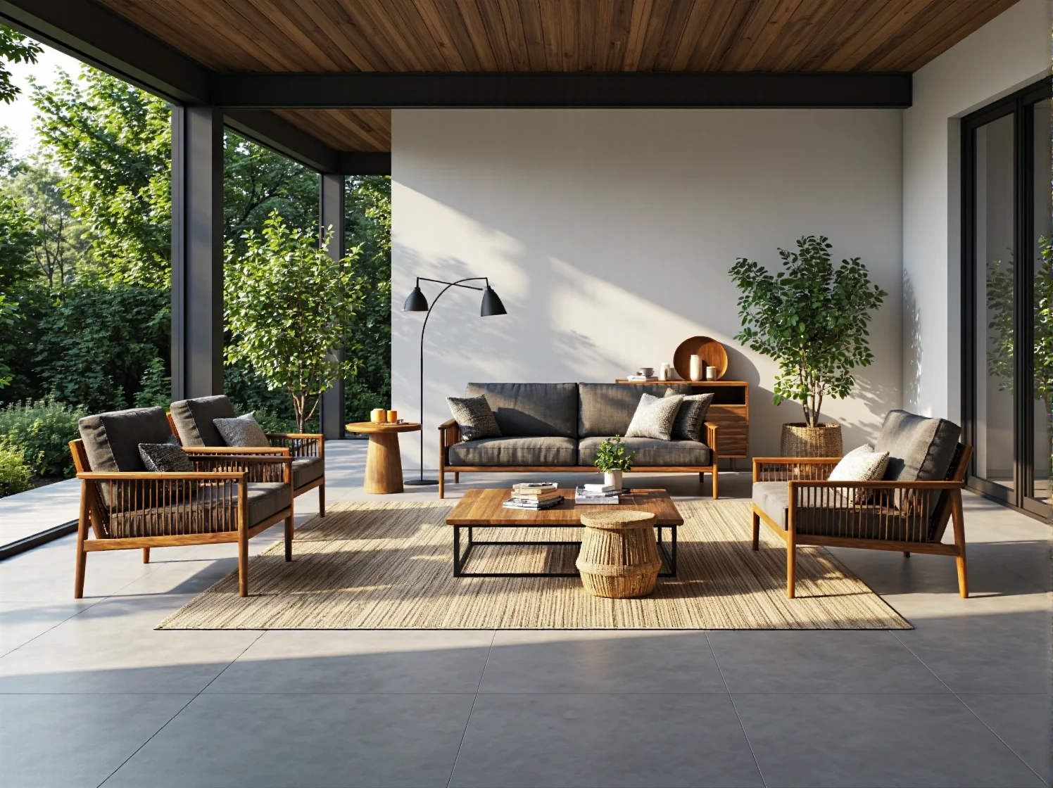 Drewniany stół i krzesła na tarasie w stylu boho, idealne miejsce do spotkań na świeżym powietrzu.