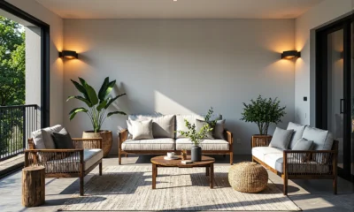 Zestaw mebli ogrodowych drewnianych z sofą i fotelami boho