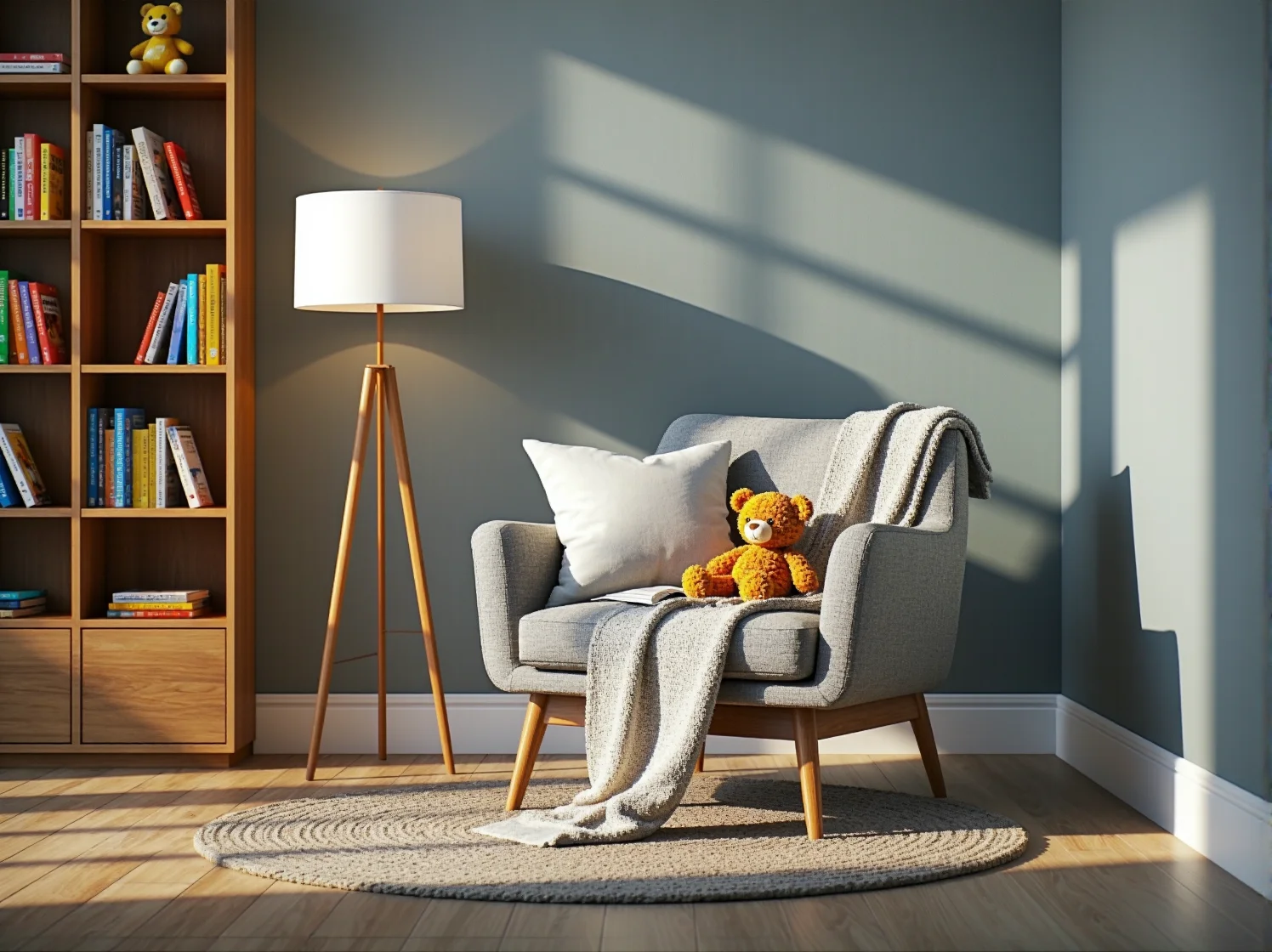 Nowoczesne białe biurko i kolorowe regały w pokoju ucznia, sprzyjające koncentracji i nauce.