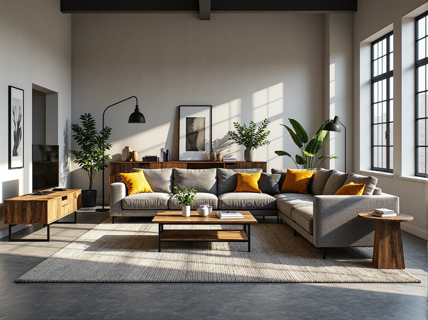 Aranżacja domowego biura z industrialnym biurkiem z drewna i metalu oraz pasującym regałem.