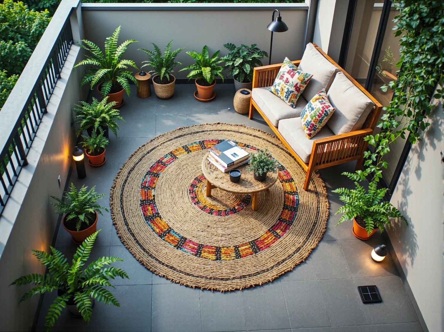 Detale balkonu boho: bawełniane tekstylia i nastrojowe oświetlenie solarne na balustradzie