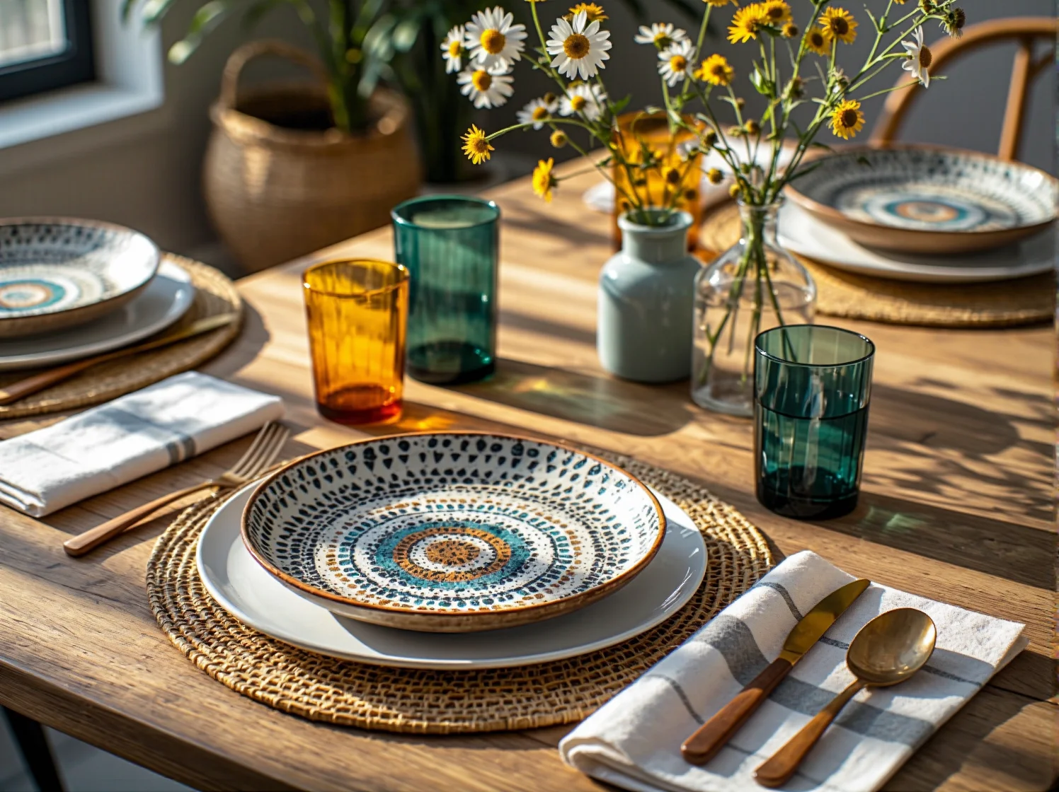 Zbliżenie na stół w restauracji boho: lniane serwetki, suszone kwiaty i etniczna zastawa stołowa.