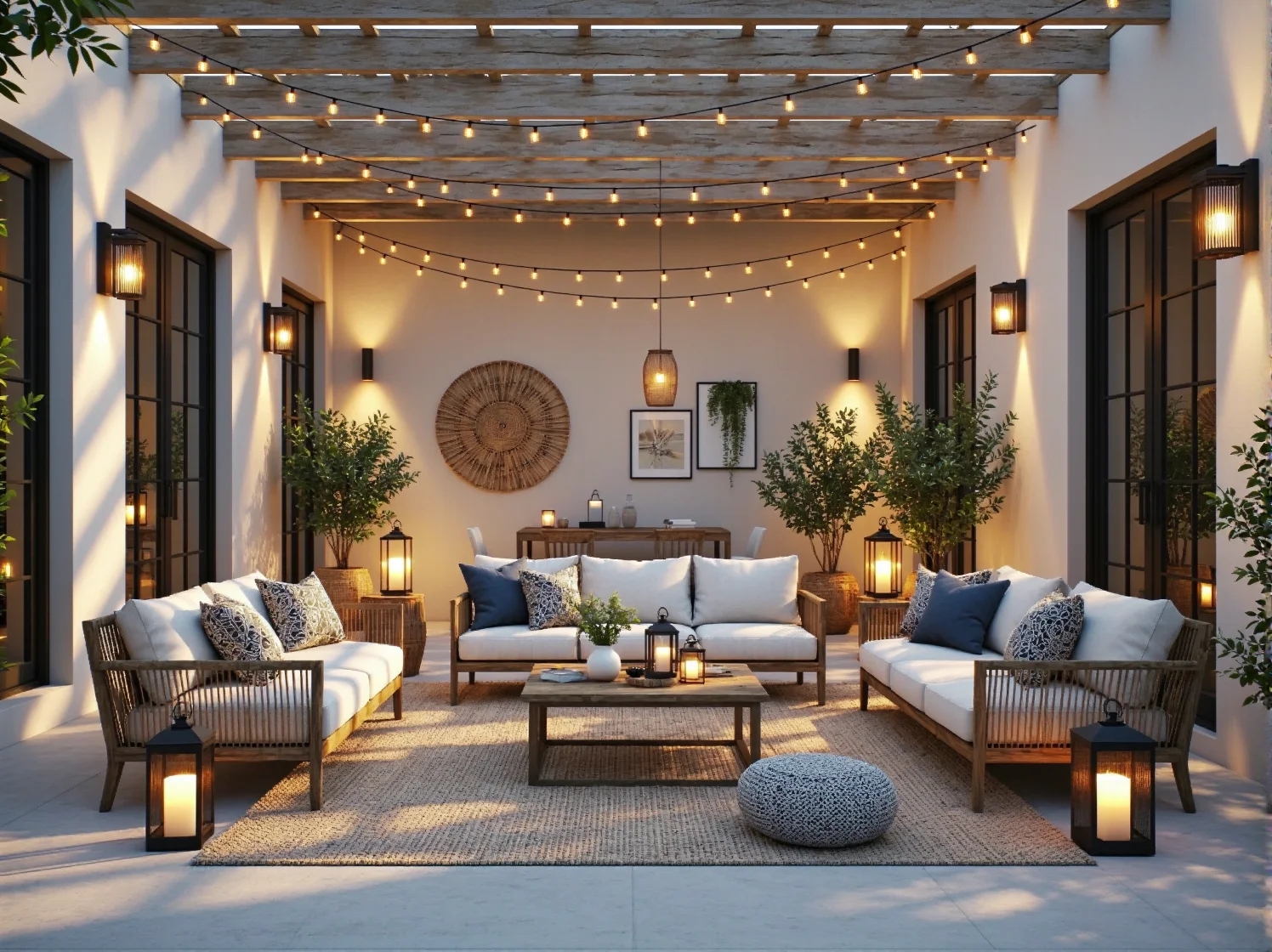 Dodatki na taras boho: dywan w geometryczne wzory, makramy i donice z egzotycznymi roślinami.