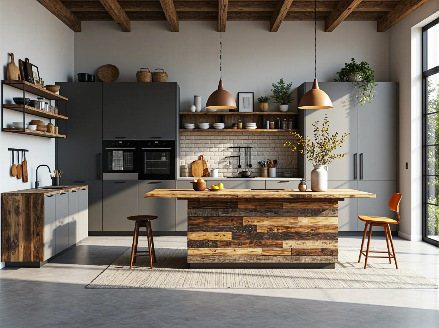 Wysoki stół barowy z palet z odzysku w kuchni. Inspiracja z rankingu stołów z materiałów recyklingowanych.