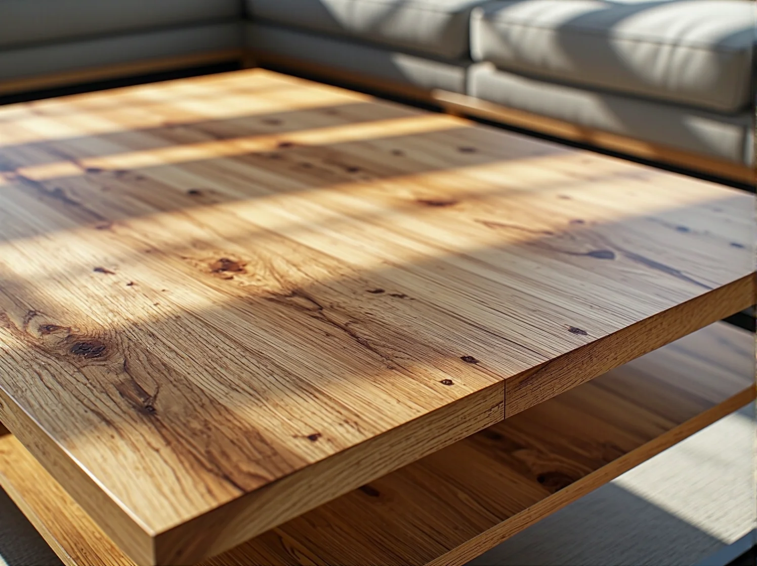 Stół kawowy z litego drewna dębowego w jasnym, skandynawskim salonie.