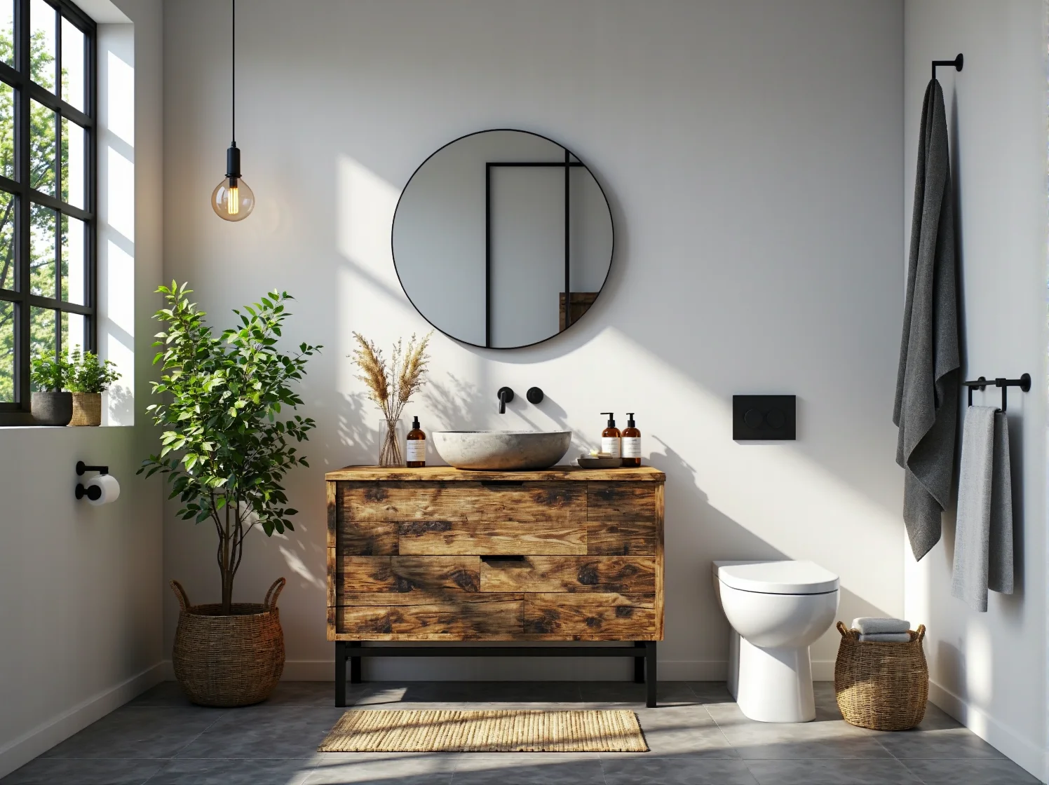 Aranżacja dużej łazienki w stylu industrialnym z wolnostojącą wanną na tle ściany z cegły.