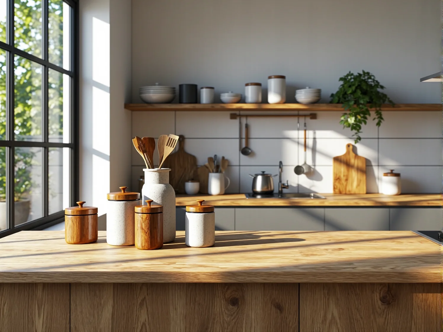 Jasna kuchnia z meblami z certyfikowanych materiałów, odzwierciedlająca postrzeganie ekologii w meblarstwie.