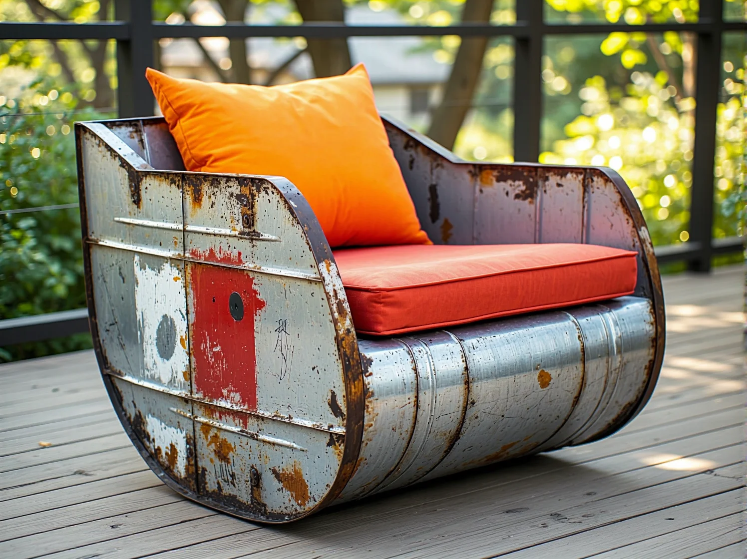 Kreatywny pomysł na taras: fotele z recyklingowanych beczek otoczone zielonymi roślinami doniczkowymi.