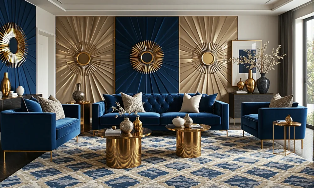 Granatowy zestaw wypoczynkowy z aksamitną sofą i fotelami ze złotymi nóżkami