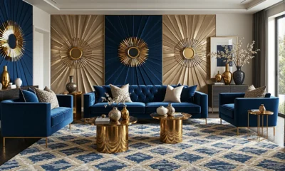 Granatowy zestaw wypoczynkowy z aksamitną sofą i fotelami ze złotymi nóżkami