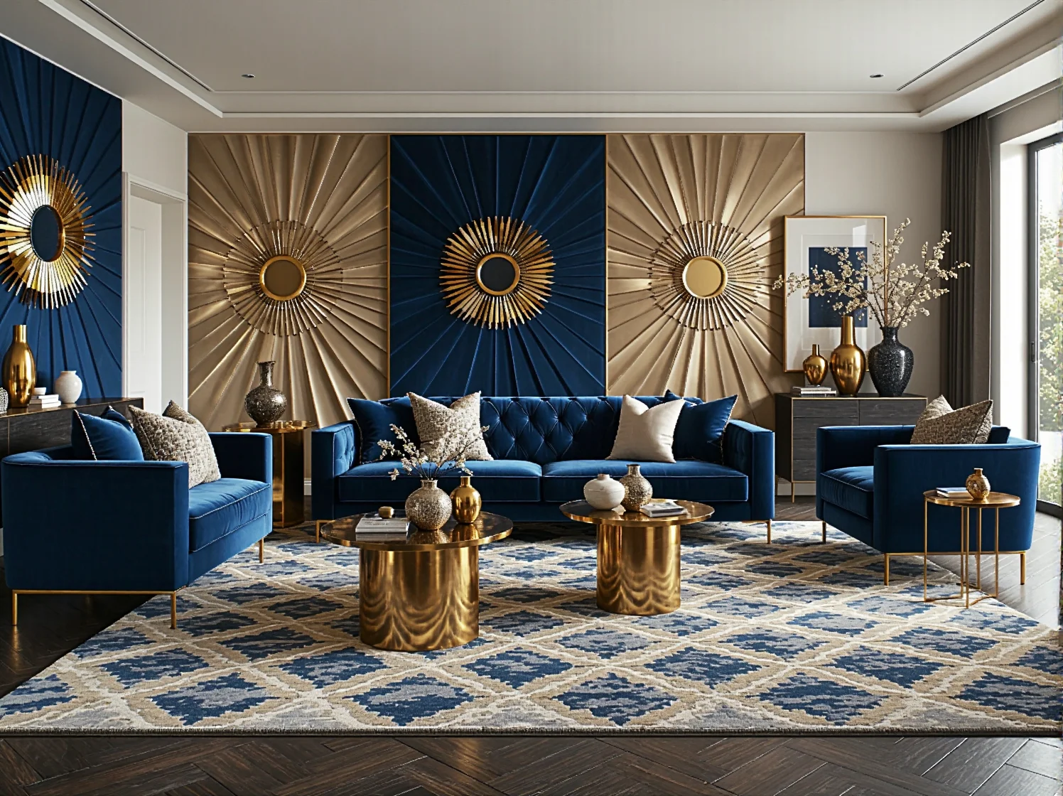 Granatowy zestaw wypoczynkowy z aksamitną sofą i fotelami ze złotymi nóżkami